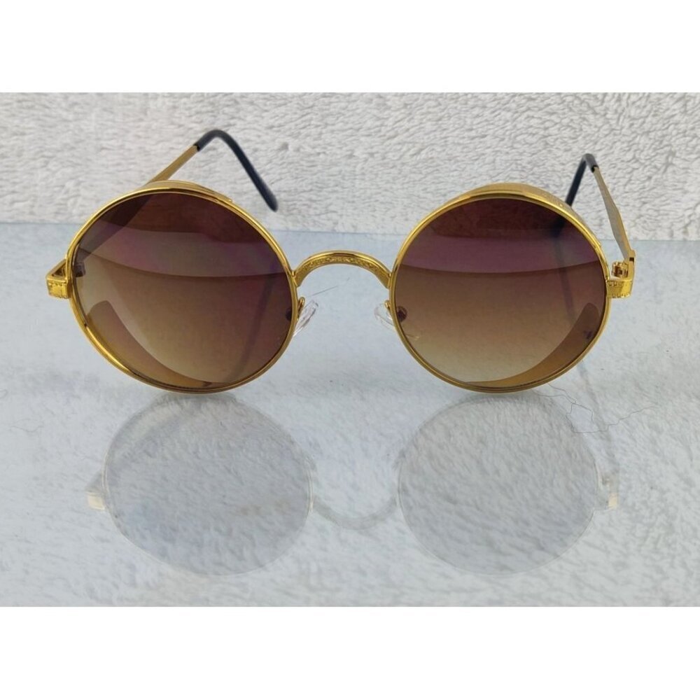 Sunglasses Round Metal Steampunk Gold Frame Brown Lens Diesel Punk Cosplay - Picture 6 of 11